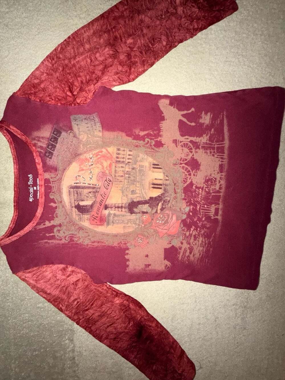 Special-Tees Paris Graphic Tee Size M Burgundy Y2K Top